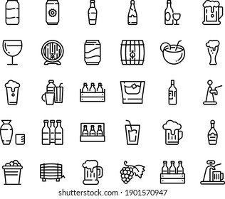 Juego de iconos de línea de alimentos - cerveza, bebida, vodka de arroz, uva, vino, tazón, caja, barril, vidrio, champán, bebidas, refresco, cóctel de coco, botella, whisky, cubo de hielo, taza, aluminio, envase, grifo