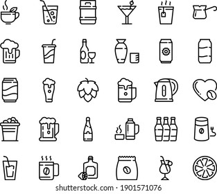 Food line icon set - beer, drink, hot tea, to go, green, rice vodka, lemoncello, wine, coffee mill, turkish, irish, love, pack, kettle, thermo flask, cocktail, soda, champagne, glass, cup, aluminium