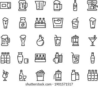 Juego de iconos de línea de alimentos - cerveza, bebida, vodka de arroz, aceite de oliva, vino, taza, vidrio, cóctel, prensa francesa, café instantáneo, irlandés, máquina, bovino y empaque de leche, microondas, panadería, bebidas, botella, refresco