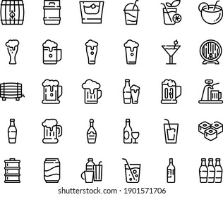 Food line icon set - beer, drink, sushi roll, wine, mug, barrel, glass, champagne, cocktail, drinks, soda, coconut, bottle, whiskey, smoothies, cup, keg, foam, tap, bottles
