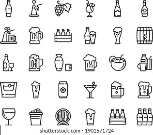 Food line icon set - beer, rice vodka, grape, wine, mug, box, barrel, glass, champagne, irish coffee, drinks, cocktail, coconut, whiskey, ice bucket, cup, bottle, aluminium, foam, tap, bottles