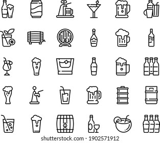 Food line icon set - beer, drink, wine, mug, barrel, glass, champagne, irish coffee, drinks, cocktail, soda, coconut, bottle, whiskey, smoothies, cup, keg, foam, tap, bottles