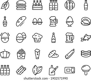 Food line icon set - beer, bread, burger, french fries, oyster, sausages, mug, champagne, fish, knife board, fork spoon plate, microwave oven, egg stand, easter, timer, cupcake, glass, bottle, box