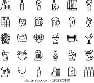 Food line icon set - beer, drink, sushi roll, wine, mug, barrel, glass, champagne, cocktail, irish coffee, drinks, coconut, bottle, soda, whiskey, smoothies, cup, foam, tap, bottles