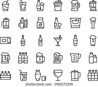 Food line icon set - beer, drink, rice vodka, wine, mug, box, glass, champagne, cocktail, french press, instant coffee, milk bootle and pack, microwave oven, beaker, drinks, bottle, soda, whiskey