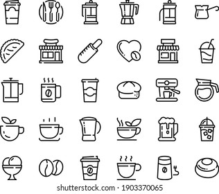 Food line icon set - beer, cafe, green tea, shop, coffee to go, french hot dog, calsone, pot, cup, bread, ice cream, cocktail, press, iced, mill, turkish, love, machine, beans, paper, cheesecake