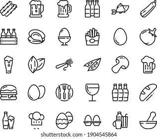 Food line icon set - beer, french fries, fish, oyster, chef hat, fork with pasta, mug, burger, wine glass, spoon knife plate, egg, stand, easter, drinks, bread, bottle, box, bottles, asparagus, peas