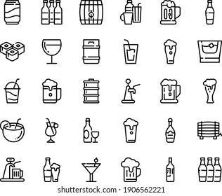 Juego de iconos de línea de alimentos - cerveza, bebida, rollo de sushi, vino, vidrio, champán, cóctel, café irlandés, bebidas, refrescos, tazas, coco, botella, whisky, taza, barril, barril, barril, espuma, grifo, botellas