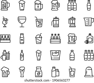 Food line icon set - beer, milk bottle, drink, lemoncello, mug, glass, wine, cocktail, french press, instant coffee, irish, bootle and pack, beaker, drinks, soda, whiskey, cup, box, foam, bottles