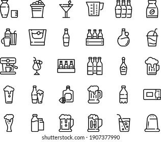 Food line icon set - beer, milk bottle, rice vodka, lemoncello, olive oil, mug, glass, champagne, cocktail, instant coffee, irish, machine, bootle and pack, microwave oven, beaker, drinks, soda, cup