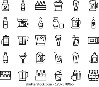 Juego de iconos de línea de alimentos - cerveza, botella de leche, bebida, vodka de arroz, lemoncello, taza, caja, vidrio, champán, cóctel, prensa francesa, café instantáneo, máquina, microondas, panadería, bebidas, vino, soda, taza