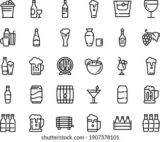 Juego de iconos de línea de alimentos - cerveza, vodka de arroz, uva, vino, caja, barril, vidrio, champán, café irlandés, bebidas, cóctel, soda, tazón, coco, botella, whisky, cubo de hielo, taza, aluminio, espuma, botellas