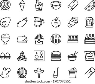 Food line icon set - beer, burger, french fries, ice cream horn, rice bowl, temaki, sausage on fork, pretzel, barrel, pate can, spoon knife plate, ladle, stove top view, egg stand, coffee pot, pack