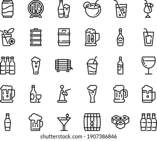 Food line icon set - beer, drink, sushi roll, wine, mug, barrel, glass, champagne, cocktail, irish coffee, soda, coconut, bottle, smoothies, keg, foam, tap, bottles