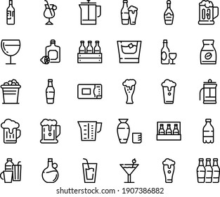 Food line icon set - beer, milk bottle, drink, rice vodka, lemoncello, olive oil, wine, glass, champagne, french press, instant coffee, irish, microwave oven, beaker, drinks, cocktail, mug, whiskey