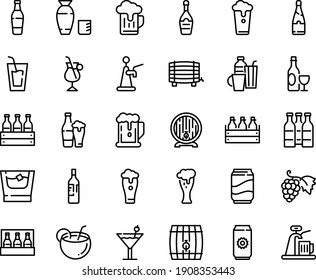 Juego de iconos de línea de alimentos - cerveza, bebida, vodka de arroz, uva, vino, caja, barril, vidrio, champán, café irlandés, bebidas, cóctel, refresco, coco, botella, whisky, taza, envase, aluminio, grifo