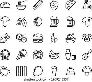 Food line icon set - beer, green tea, octopus soup, funchose, sushi roll, rice vodka, calsone, pizza knife, panna cotta, ice cream, wine, burger, barrel, baguette, coffee top view, tree, tacos bread