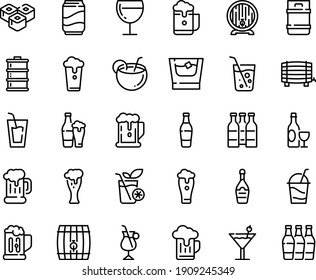 Food line icon set - beer, drink, sushi roll, wine, mug, barrel, glass, champagne, cocktail, irish coffee, soda, coconut, whiskey, smoothies, cup, bottle, keg, foam, bottles
