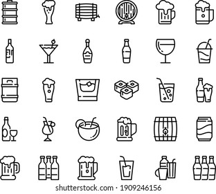 Food line icon set - beer, drink, sushi roll, wine, mug, barrel, glass, champagne, cocktail, irish coffee, drinks, soda, coconut, bottle, whiskey, keg, foam, bottles