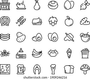 Food line icon set - beer, bread, cafe shop, ice cream, dim sum, chinese chicken, kebab, dough and rolling pin, sausages, pretzel, pate can, glass, fish steak, kitchen, stove top view, egg, bucket