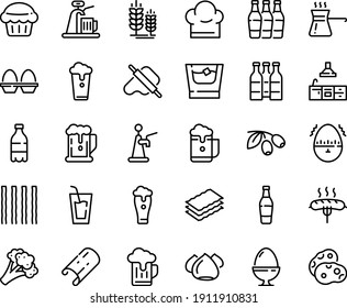 Food line icon set - beer, milk bottle, drink, dough and rolling pin, olives, spike, meringue, sausage on fork, chef hat, kitchen, egg stand, timer, turkish coffee, whiskey, muffin, glass, cup, foam