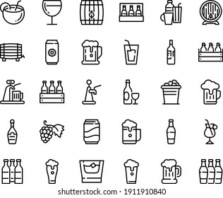 Food line icon set - beer, drink, grape, wine, mug, box, barrel, champagne, glass, irish coffee, drinks, soda, coconut cocktail, bottle, whiskey, ice bucket, cup, pack, aluminium, foam, tap, bottles