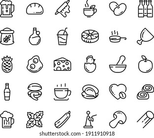 Food line icon set - beer, clam, oyster, green tea, cheese, olive oil, coffee cup, omelette, cocktail, bakery, love, ham, pan, rolling pin, chick egg, bread, flour bag, bottle, tap, mushroom, beans