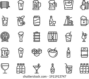 Food line icon set - beer, drink, sushi roll, wine, mug, barrel, glass, champagne, cocktail, irish coffee, drinks, soda, coconut, bottle, whiskey, smoothies, cup, keg, foam, tap, bottles