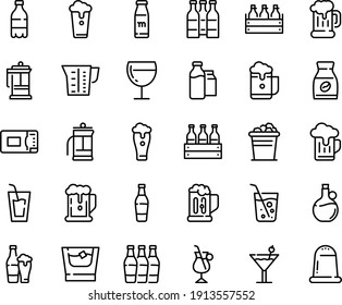 Food Line Icon Set - Beer, Milk Bottle, Drink, Olive Oil, Mug, Box, Wine Glass, French Press, Instant Coffee, Irish, Bootle And Pack, Microwave Oven, Beaker, Cocktail, Soda, Whiskey, Ice Bucket, Cup