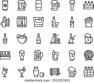 Food line icon set - beer, drink, rice vodka, wine, mug, box, barrel, glass, champagne, irish coffee, drinks, cocktail, coconut, bottle, whiskey, ice bucket, cup, aluminium, pack, foam, tap, bottles