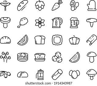 Food line icon set - beer, fried chiken leg, lunch box, olives, sausage on fork, pancakes, cooking glove, kettle, eggs, french press, bread, tacos, hop, carrot, pumpkin, watermelon, melon, cinnamon