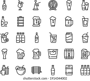 Food line icon set - beer, drink, wine, mug, barrel, glass, champagne, cocktail, irish coffee, drinks, soda, coconut, bottle, whiskey, smoothies, cup, keg, foam, tap, bottles