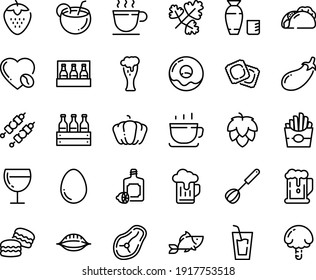Food line icon set - beer, drink, french fries, tacos, fish, rice vodka, lemoncello, coffee cup, ravioli, glass, donut, wine, love, kebab, steak, whisk, egg, coconut cocktail, macarons, pack, box