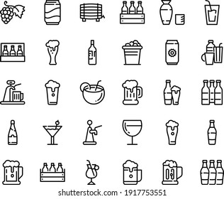 Food line icon set - beer, drink, rice vodka, grape, mug, box, glass, wine, irish coffee, drinks, cocktail, soda, champagne, coconut, bottle, ice bucket, cup, pack, aluminium, barrel, foam, tap