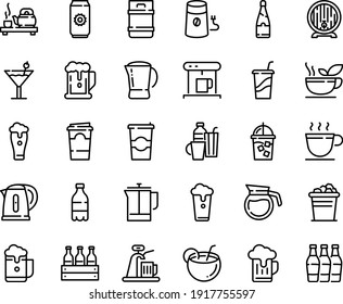 Food line icon set - beer, milk bottle, drink to go, tea ceremony, barrel, coffee cup, coffe maker, iced, french press, mill, pot, kettle, drinks, green, cocktail, champagne, coconut, paper, glass