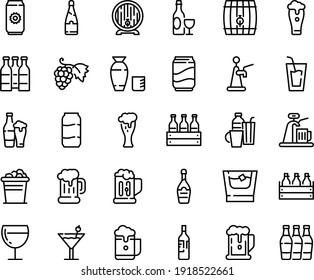 Food line icon set - beer, drink, rice vodka, grape, wine, mug, box, barrel, glass, champagne, drinks, cocktail, soda, bottle, whiskey, ice bucket, aluminium, foam, tap, bottles