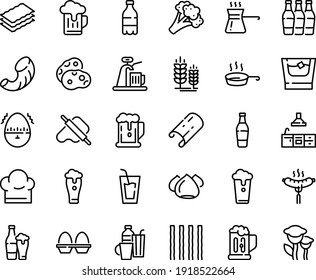 Food line icon set - beer, milk bottle, drink, dough and rolling pin, sausage on fork, spike, meringue, chef hat, pan, kitchen, egg stand, timer, drinks, turkish coffee, mug, whiskey, glass, cup