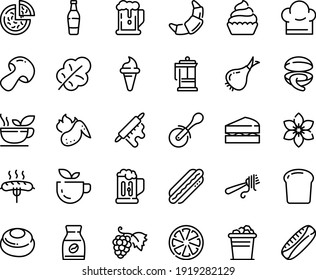 Food line icon set - beer, green tea, pizza, ice cream horn, clam, fork with pasta, roll knife, grape, hot dog, croissant, cupcake, french press, instant coffee, sausage on, chicken wing, chef hat