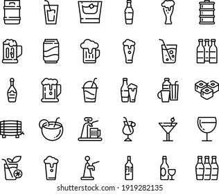 Food line icon set - beer, drink, sushi roll, wine, glass, champagne, cocktail, irish coffee, drinks, soda, mug, coconut, bottle, whiskey, smoothies, cup, barrel, keg, tap, bottles