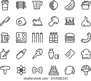 Food line icon set - beer, burger, french hot dog, chinese chicken, rice vodka, chef hat, cooking pan, knife board, stove top view, beaker, omelette, coffee paper cup, big cake, pancake, bottle