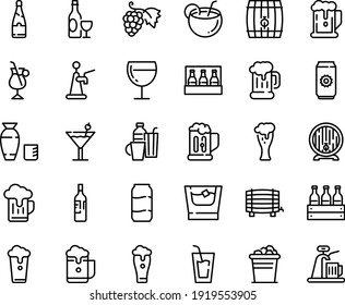 Food line icon set - beer, drink, rice vodka, grape, wine, mug, barrel, glass, irish coffee, drinks, cocktail, champagne, coconut, bottle, whiskey, ice bucket, cup, aluminium, pack, box, foam, tap