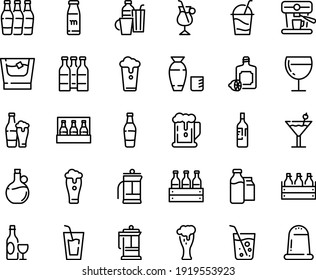Food line icon set - beer, drink, rice vodka, lemoncello, olive oil, wine, box, glass, cocktail, french press, irish coffee, machine, milk bootle and pack, drinks, bottle, soda, whiskey, cup, salt