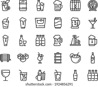 Food line icon set - beer, drink, sushi roll, wine, mug, barrel, glass, cocktail, irish coffee, drinks, soda, coconut, bottle, whiskey, smoothies, cup, keg, foam, tap, bottles