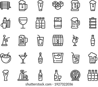 Food line icon set - beer, drink, sushi roll, wine, mug, barrel, glass, champagne, irish coffee, drinks, cocktail, coconut, bottle, soda, whiskey, cup, keg, foam, tap, bottles
