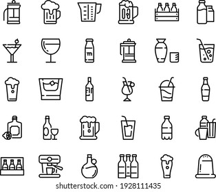 Food line icon set - beer, milk bottle, drink, rice vodka, lemoncello, olive oil, wine, box, glass, cocktail, french press, irish coffee, machine, bootle and pack, beaker, drinks, mug, soda, whiskey