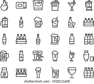 Food line icon set - beer, milk bottle, rice vodka, olive oil, wine, box, glass, champagne, cocktail, french press, instant coffee, irish, machine, microwave oven, mug, soda, whiskey, ice bucket