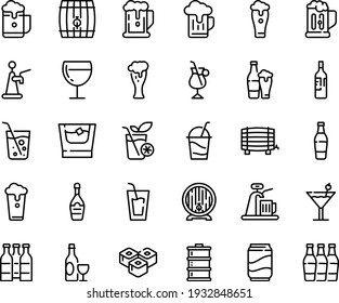 Food line icon set - beer, drink, sushi roll, wine, barrel, glass, champagne, cocktail, irish coffee, soda, mug, bottle, whiskey, smoothies, cup, keg, foam, tap, bottles