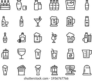 Food line icon set - beer, drink, rice vodka, lemoncello, wine, glass, champagne, french press, instant coffee, irish, machine, milk bootle and pack, beaker, drinks, cocktail, bottle, mug, whiskey