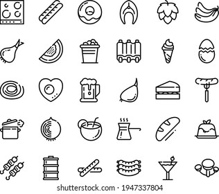 Food line icon set - beer, sausage on fork, ice cream, kebab, panna cotta, sausages, donut, baguette, fish steak, ribs, cooking pan, stove top view, broaken egg, love, turkish coffee, cocktail, hop