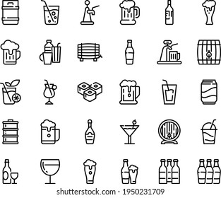 Food line icon set - beer, drink, sushi roll, wine, mug, barrel, glass, champagne, cocktail, irish coffee, drinks, soda, bottle, smoothies, keg, foam, tap, bottles